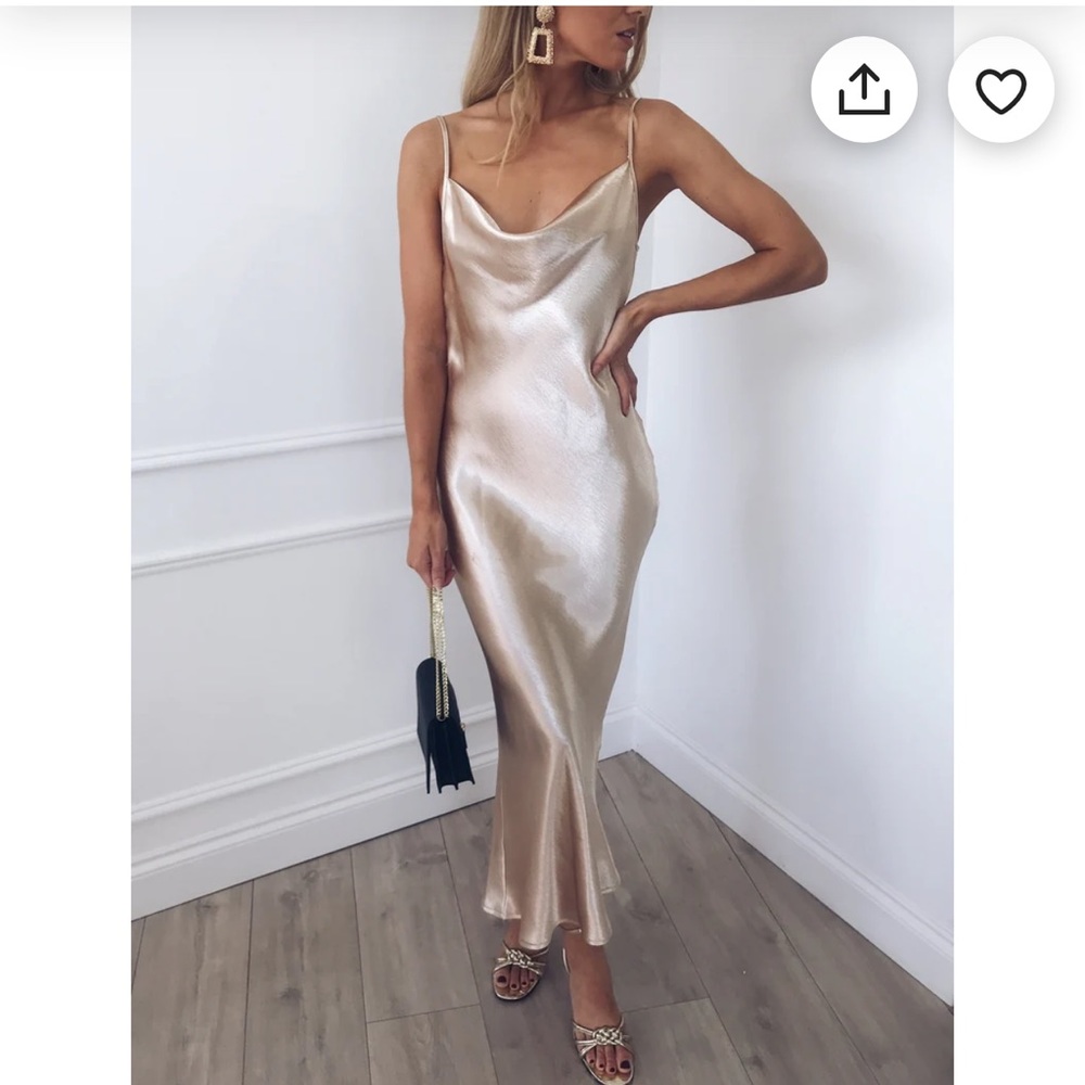 Satin silk slip midi dress in champagne